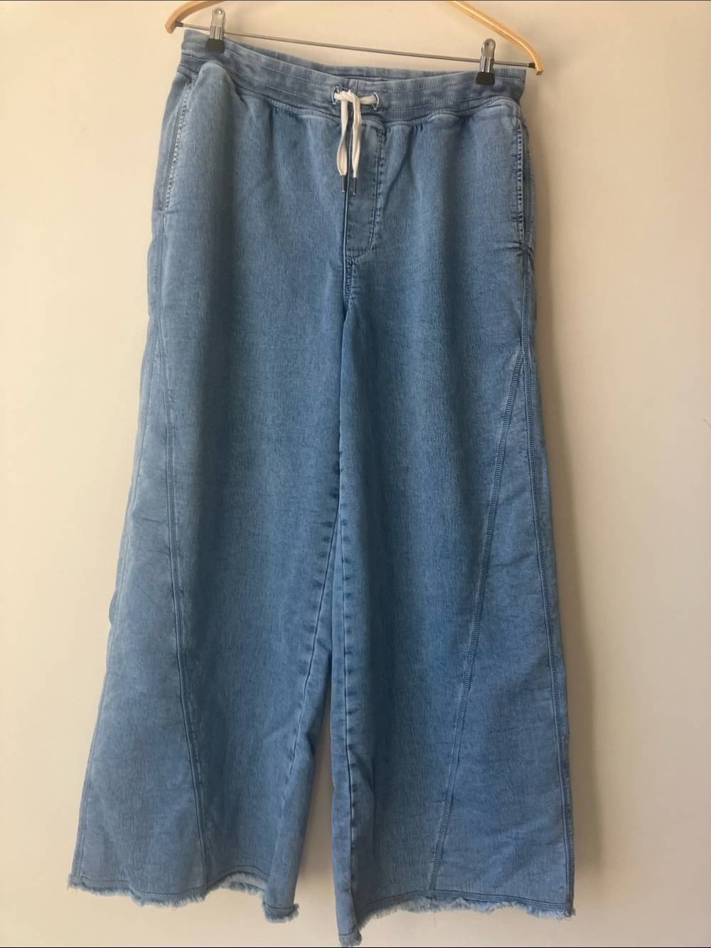 AERIE Real Soft Wide-Leg Jogger Style Blue Denim Pull-On Pants Raw Hem Size L